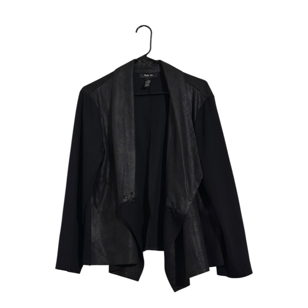 Style & Co Faux Leather‎ Mixed Media Draped Open Front Jacket Black Womens Large